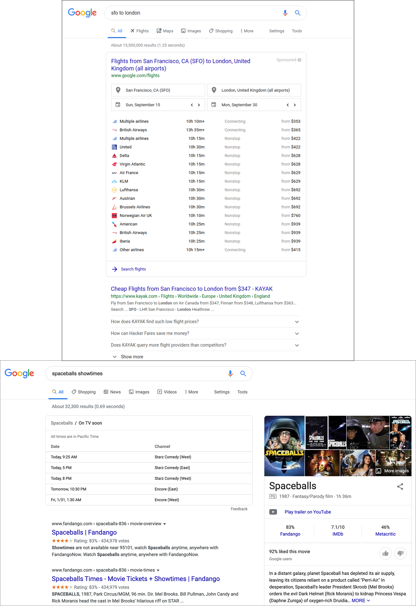 Screenshots of two complex Google search results