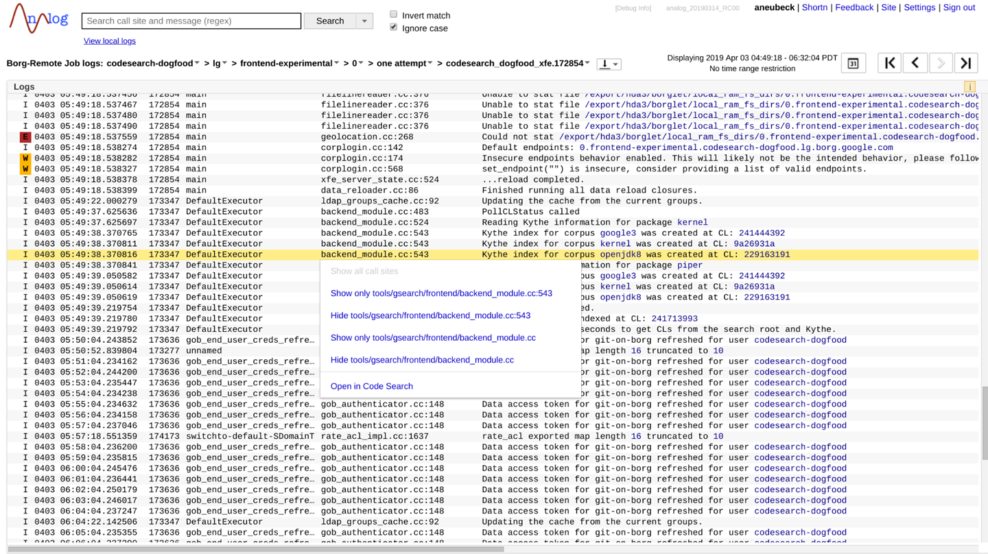 Code Search integration in a log viewer