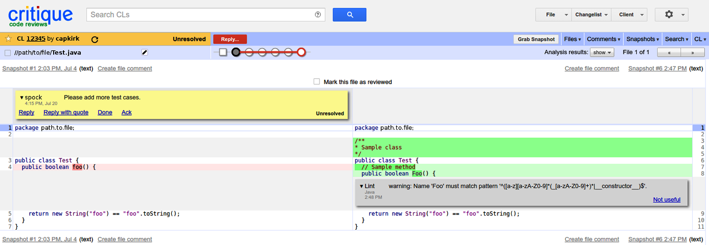 Critique’s diff viewing, showing a static analysis warning from Tricorder in gray